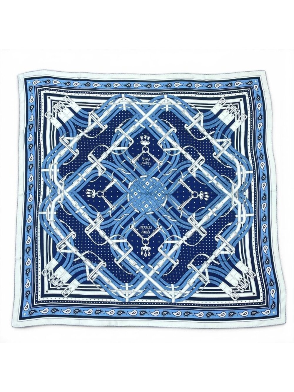 Hermes Carre Mors a Jouets Bandana Horse Bit Cashmere Silk Marine Large Scarf